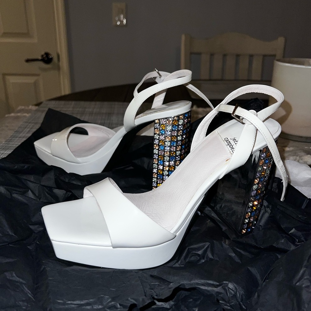 Jeffrey Campbell White Platform Heels with Embellished Block Heel